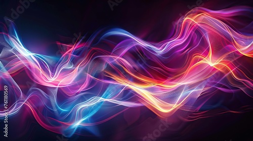 Dynamic swirls of neon light with vibrant colors flow against a dark background  creating an abstract wave pattern