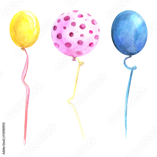 Balloon birthday watercolor drawing set long ribbon. Anniversary holiday celebration object yelloy, blue, dotted pink purple. Decoration isolated on white background.  photo