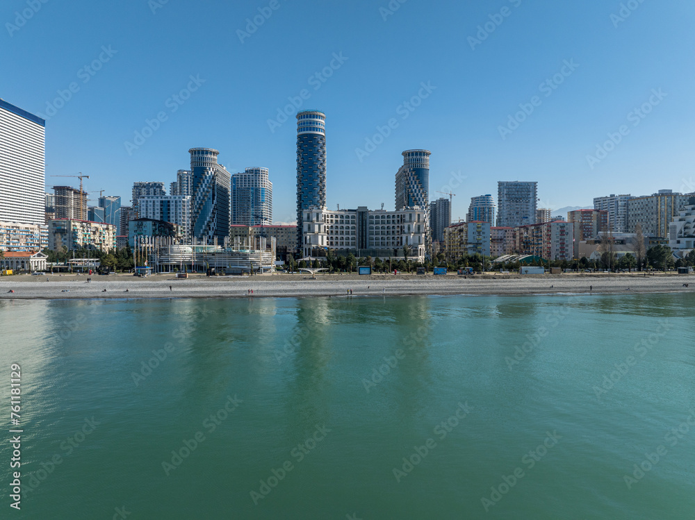 Fototapeta premium Aerial view of modern luxury hotel Colosseum Marina on Sherif Khimshiashvili street. Batumi, Georgia