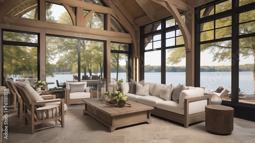 Sunroom with blonde oak ceilings and matte black stained wood beams.