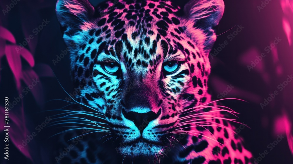 Fantasy vaporwave portrait of retrowave leopard. Pink and blue colors.