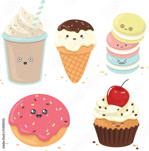 Vector illustration collection of cute kawaii cartoon sweet desserts characters desserts, ice cream, donut, cupcake, macaron, coffee, milkshake isolated on white background