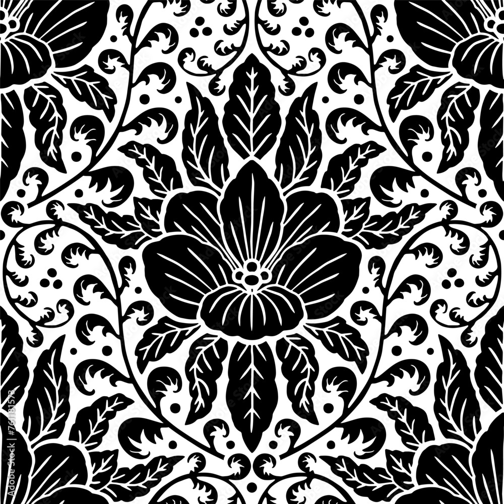 Seamless black Damask pattern on a white background. Floral abstract repeat monochrome background.