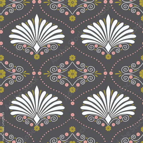 Seamless pattern with white anthemion floral shapes and ogee geometrical motifs on a gray background. Classic abstract repeat wallpaper.