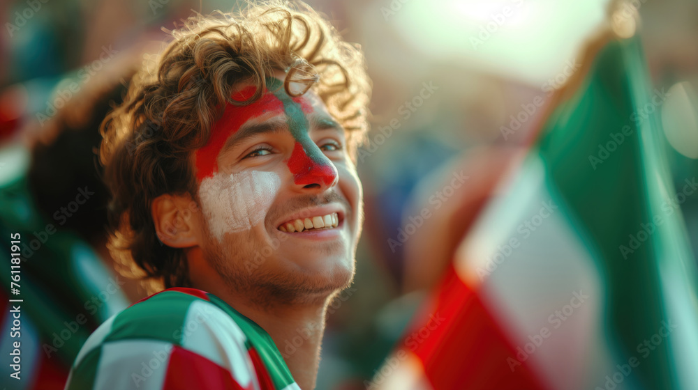 Portrait of happy football fan with face painted in green and red colors. Concept of 2024 UEFA European Football Championship Portrait of happy football fan with face painted in green and red colors. Concept of 2024 UEFA European Football Championship