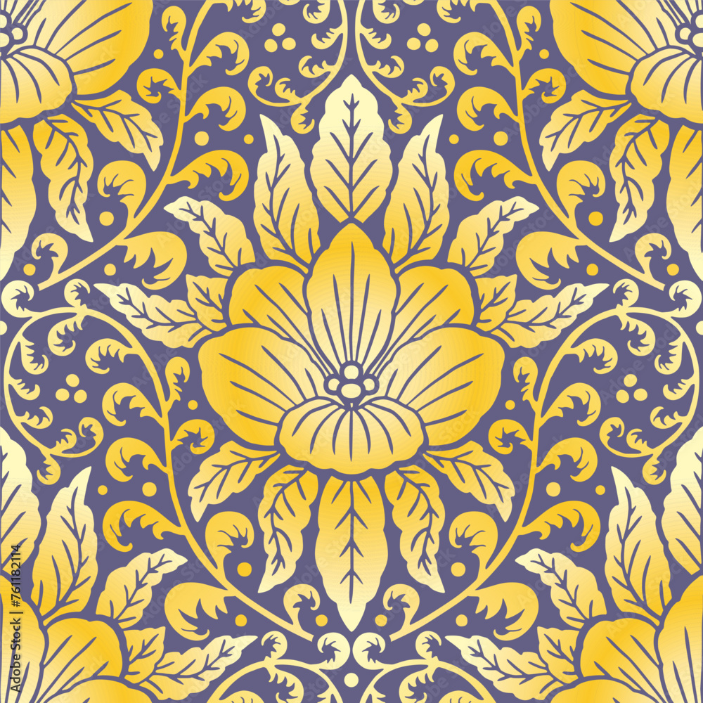 Fototapeta premium Seamless yellow Damask pattern on a blue background. Floral abstract repeat background.