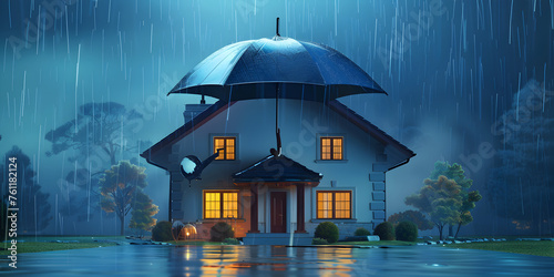 House waterproofing concept dark blue house under dark blue umbrella on a minimalist dark blue background Home Insurance Concept The House under umbrella Protection from rain symbolizes  photo