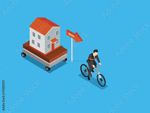 Businessman pulling a bank with a bicycle