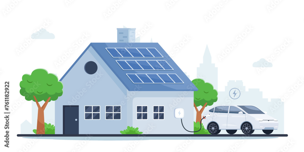 A private electric car is recharging at a house with an electric vehicle wall charger. Sustainable lifestyle, electric transportation and eco-friendly vehicle concept. Vector illustration.