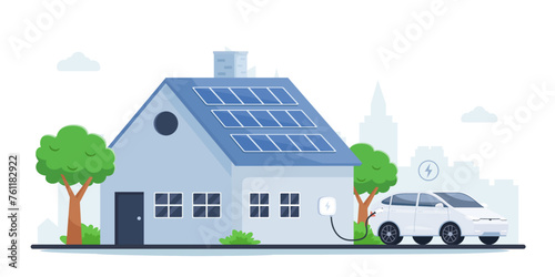 A private electric car is recharging at a house with an electric vehicle wall charger. Sustainable lifestyle, electric transportation and eco-friendly vehicle concept. Vector illustration.