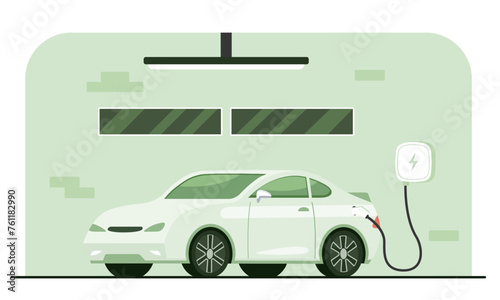 A private electric car is recharging at a house garage with electric vehicle wall charger. Sustainable lifestyle, electric transportation and eco-friendly vehicle concept. Vector illustration.