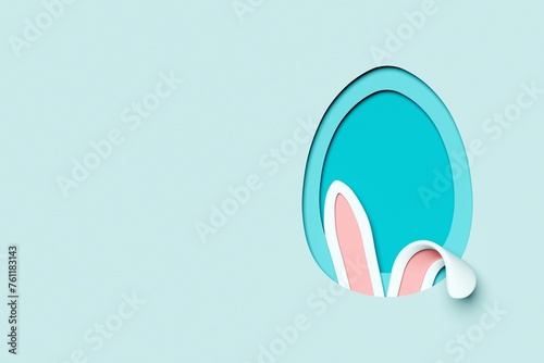 Easter greeting card with bunny ears in egg shape frame. 3d illustration, paper cut style. Place for your text. Happy Easter Day.