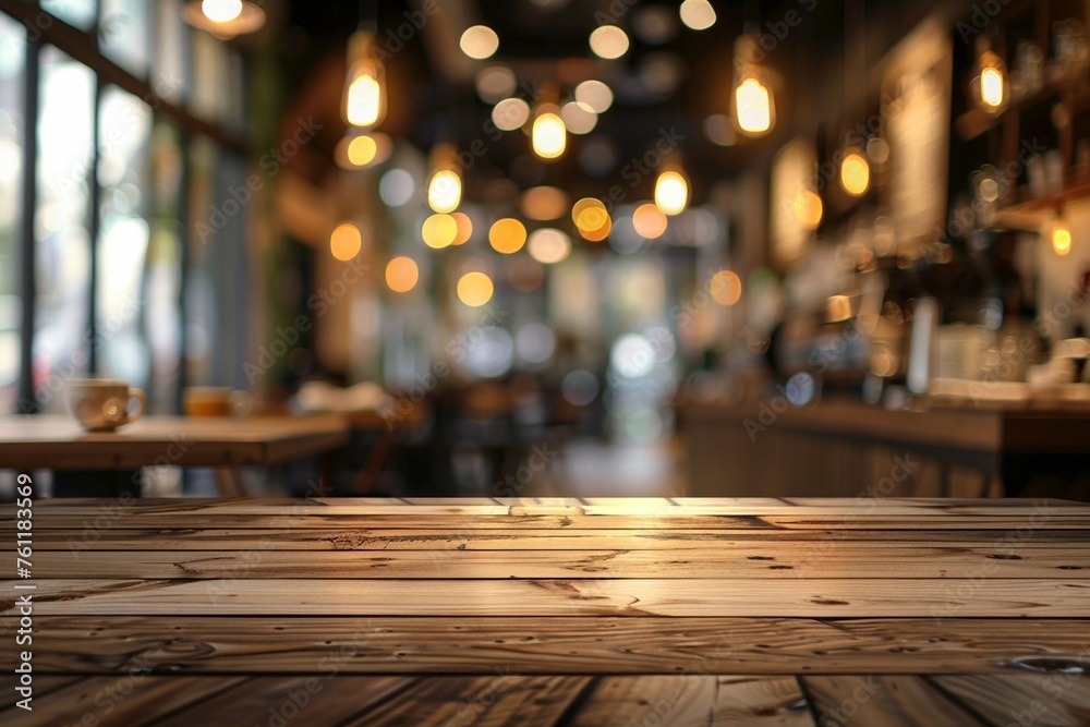 an empty table - the background of a blurred cafe, golden bokeh lights