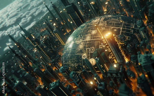 Cybernetic Metropolis, A futuristic cityscape intricately merged with circuit board patterns, symbolizing a high-tech urban environment where technology and digital infrastructure form the core of civ