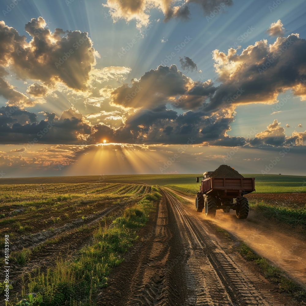 Naklejka premium A tractor pulls a siding with fertilizer along a dirt road that leads to a field.
