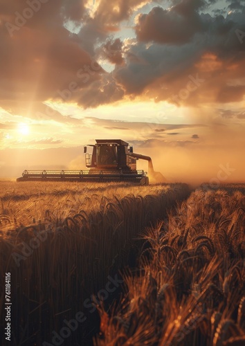Combine harvester mows grain in the field. Agricultural concept.