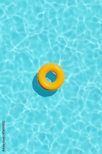 Clear blue swimming pool with orange inflatable ring, floating on the water. Pool party poster. Summer vacation concept. 3d illustration, rendering. Minimal scene with copy space