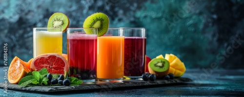 Different types of fruit juices in glass jars on a dark background.