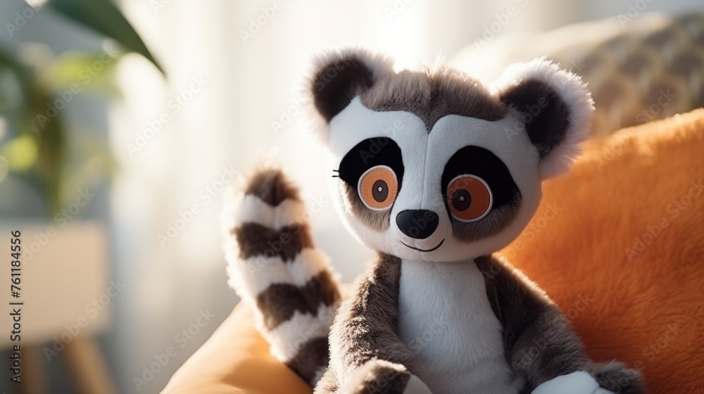 Fototapeta premium Cute lemur plush toy, closeup.