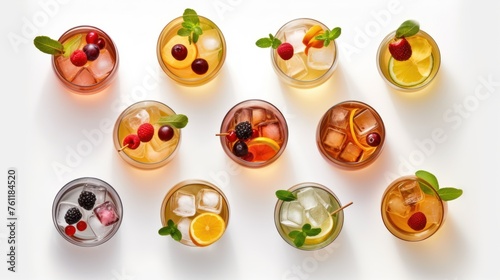 Many different types of cocktails on white background.