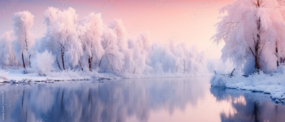 Winter Christmas Landscape In Pink Tones With Calm 
