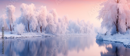 Winter Christmas Landscape In Pink Tones With Calm 