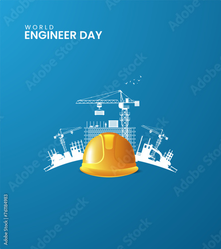 World engineers day, engineers helmet and oval shape town, design for banner, poster, vector.