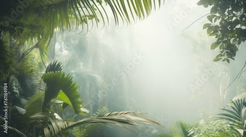 Tropical forest with palm trees and mist. Background with copyspace.
