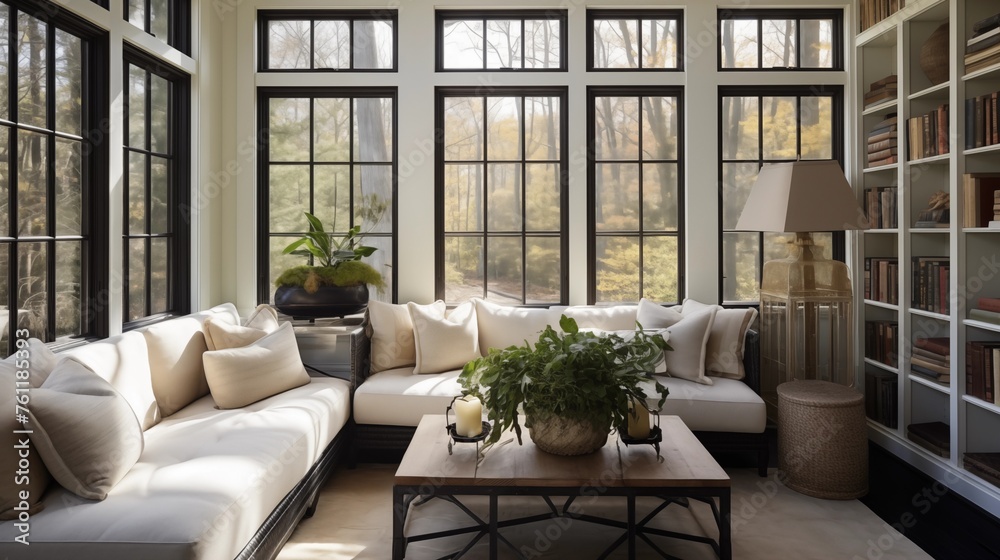 Sunroom with creamy off-white built-ins and ebony stained wood accents.