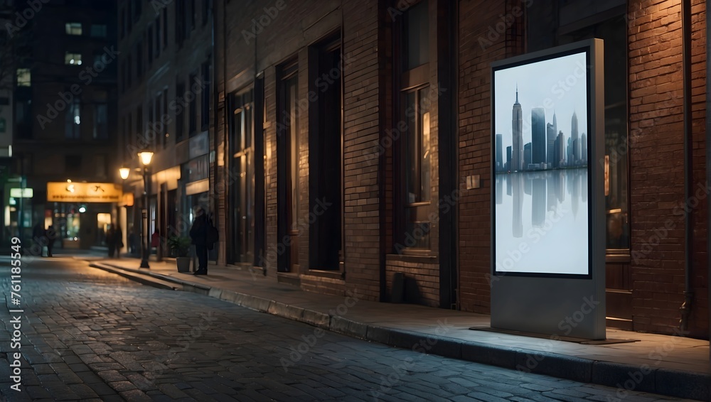 Fototapeta premium A vertical, blank advertising billboard positioned on a sidewalk, surrounded by the night ambiance of a city Generative AI