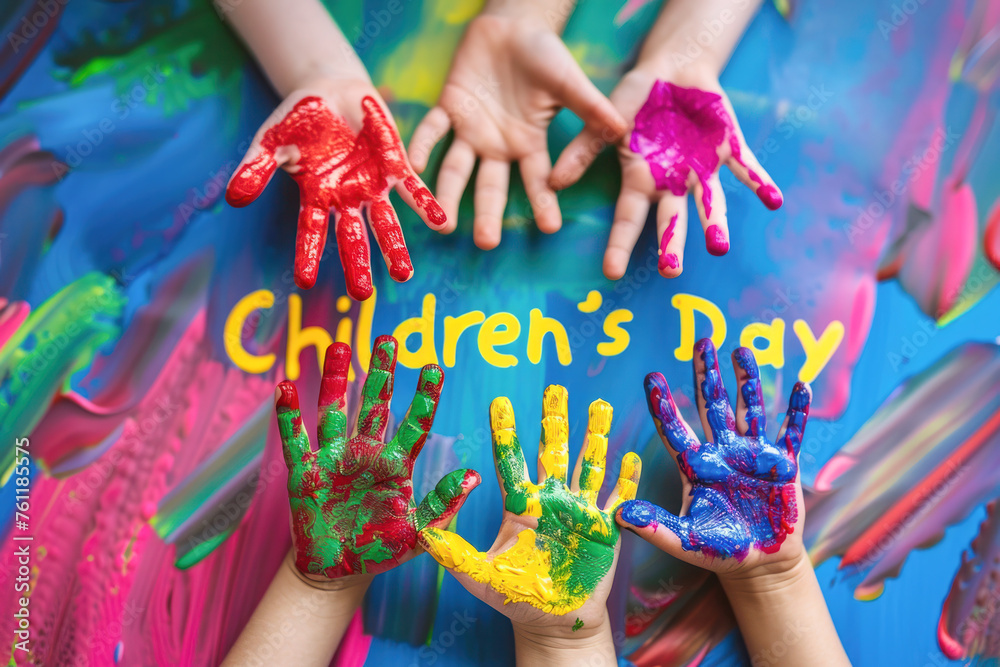 Obraz premium Vibrant painted hands of children raised in celebration against a colorful background with 'Children's Day' text, embodying the joy and creativity of youth.