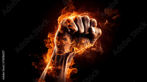 Powerfull fist fast with fire on black background