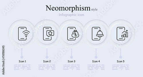 Smartphone line icon set. Wi-Fi, favorites, wallet, call, growth graph, communication, connection, application. Neomorphism style. Vector line icon for Business