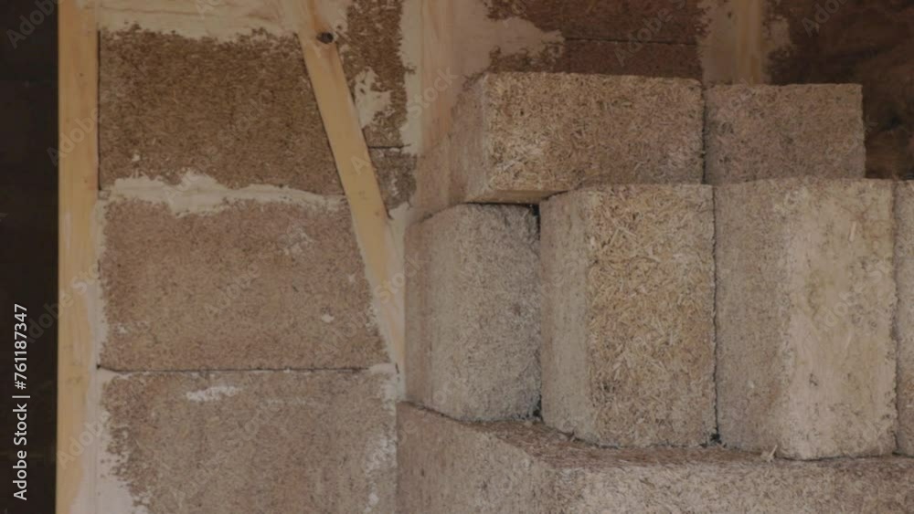 Vidéo Stock Hempcrete bricks and wall interior in a construction site ...