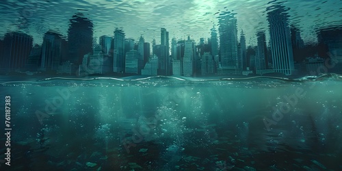 Urban skyline underwater illustrates the urgent effects of climate change today. Concept Climate Change, Urban Skylines, Underwater Scenarios, Environmental Impact, Urgent Message #761187383
