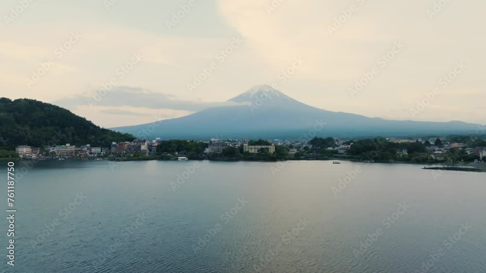 Drone Shot Of Kawaguchi Lake And Residential Area Of Fuji Mountain, Japan Drone Shot Of Kawaguchi Lake And Residential Area Of Fuji Mountain, Japan