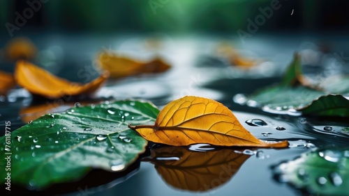 leaves with water drop, leaves in the rain, leaves background close up