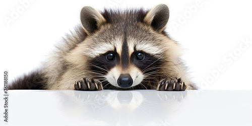 A large raccoon lies on a white background. Advertising banner layout for a pet store or veterinary clinic.