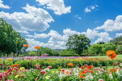 Experience the vibrant colors of spring as flowers bloom and trees burst with new life against a backdrop of blue skies and fluffy white clouds  Generative AI