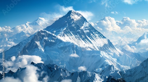 Mount Everest stands as the pinnacle amidst snow-capped peaks, reigning as the loftiest summit on Earth. © Vladimir