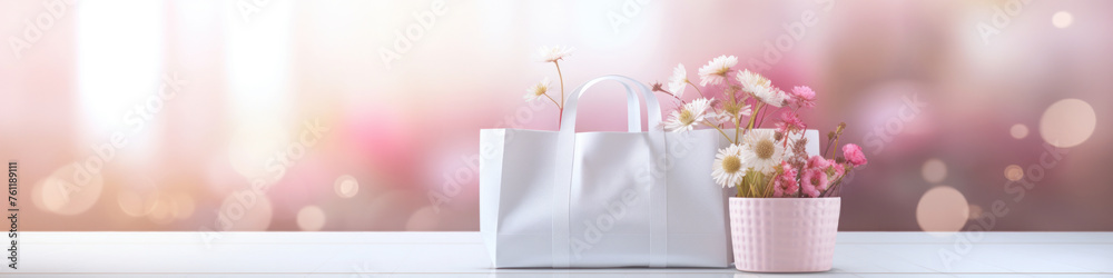 Fabric shopping bag and flowers in a pink pot on a white table.