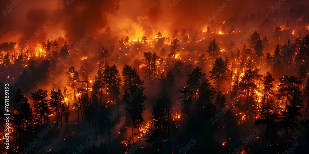 Multiple wildfires raging across different regions globally causing widespread destruction and chaos. Concept Wildfires, Global Destruction, Chaos, Emergency Response, Environmental Impact - obrazy, fototapety, plakaty 