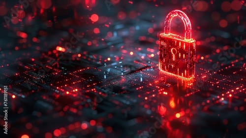 Digital background features red padlock icon on glowing data code