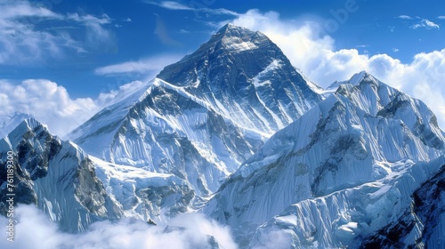 Mount Everest stands as the pinnacle amidst snow-capped peaks, reigning as the loftiest summit on Earth. © Vladimir