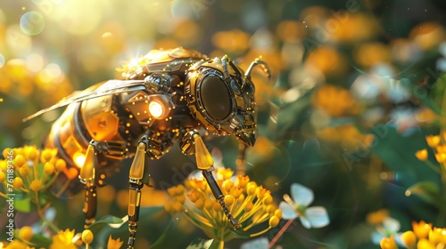 Future vision of solar powered robotic bees pollinating urban gardens