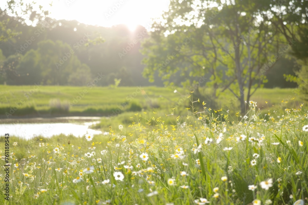 Fototapeta premium Soak up the sun in summertime, where lazy days are spent picnicking in meadows, swimming in cool streams, and chasing fireflies at dusk, Generative AI
