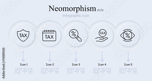 Taxes line icon set. Money, finance, magnifying glass, eye, percentage, calendar, shield, hand. Neomorphism style. Vector line icon for Business