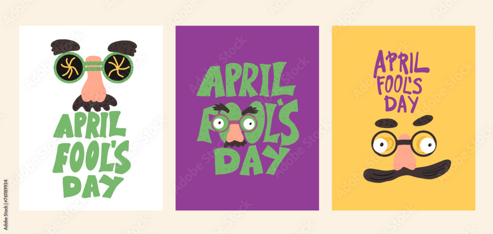 April fools day cards set. Holiday banners collection. Happy face vector hand drawn with handwritten text lettering flat illustration