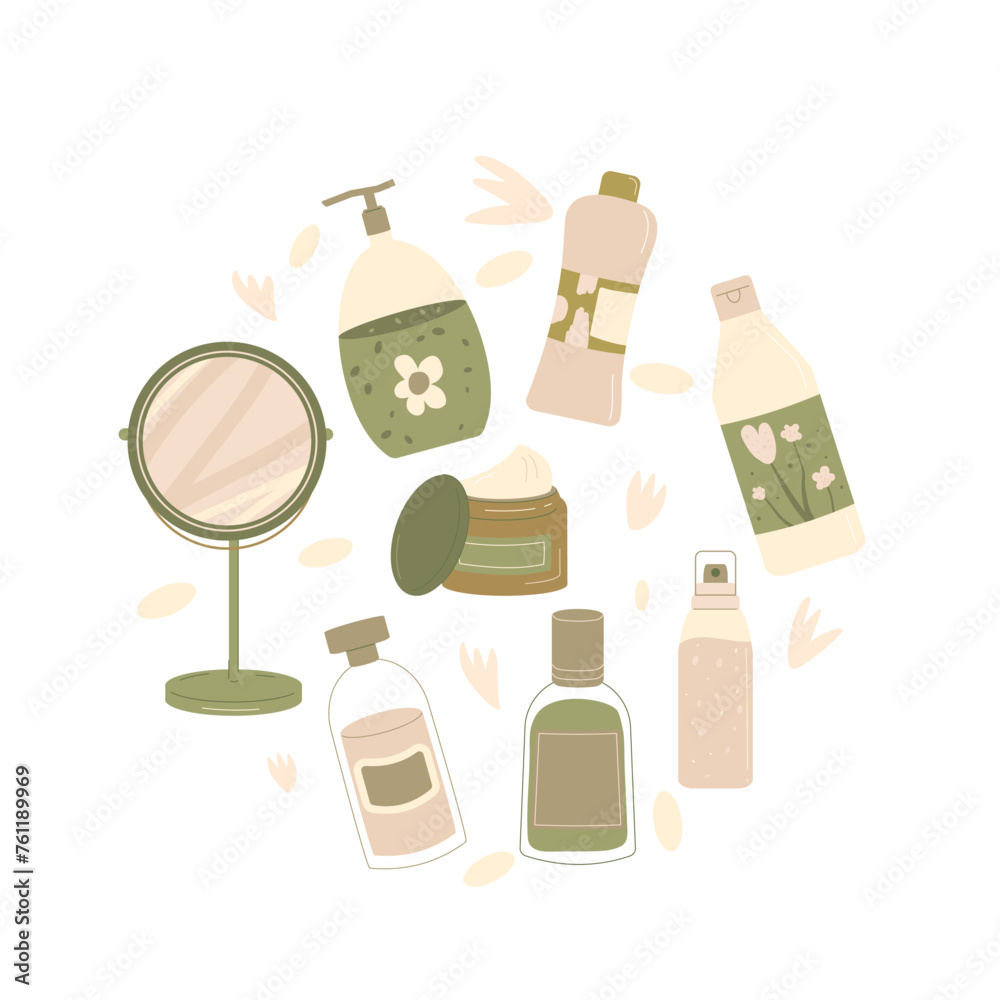 Beauty products daily routine circle emblem. Cleansing and moisturizing face. Skincare cosmetics round composition. Bottles, containers and tubes. Vector illustration.