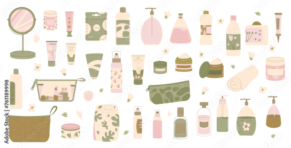 Cleansing and moisturizing face skincare set. Beauty products. Serum and cream for spa. Skin, body cosmetics bottles, containers and tubes. Flat vector illustration isolated on white background